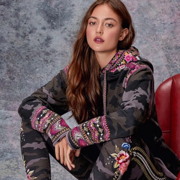 Johnny Was Tops - Johnny Was Women's XS Valmere Pull On Hoodie Floral/Geometric Embroidery Camo